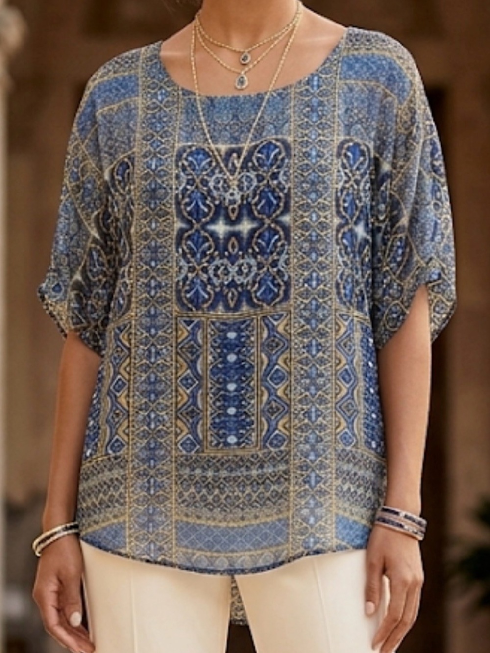 Joseph A. Woman Blue Yellow Medallion Tile Patchwork Blouse Plus Size 1X